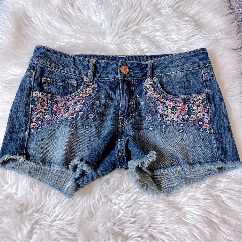 American Eagle Outfitters Blue Jean Shorts with Floral Embroidery